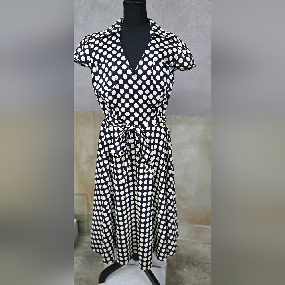 Black & White Polka Dot Wrap Midi Dress with Tie Waist Size 16